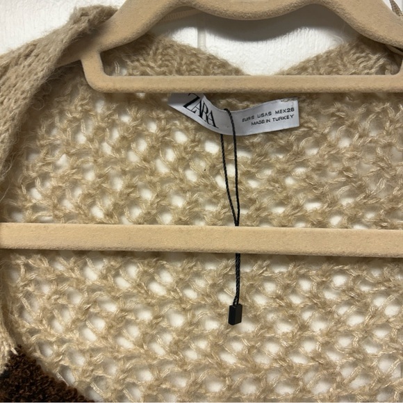 Zara Beige and Brown Open Knit Cropped Long Sleeve Sweater Small - Picture 4 of 6